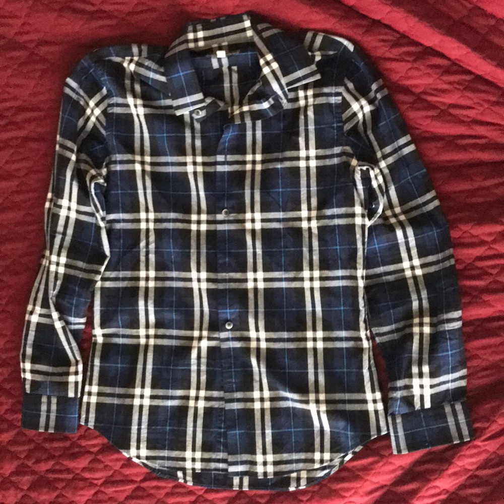 Blue checked button up Express shirt.